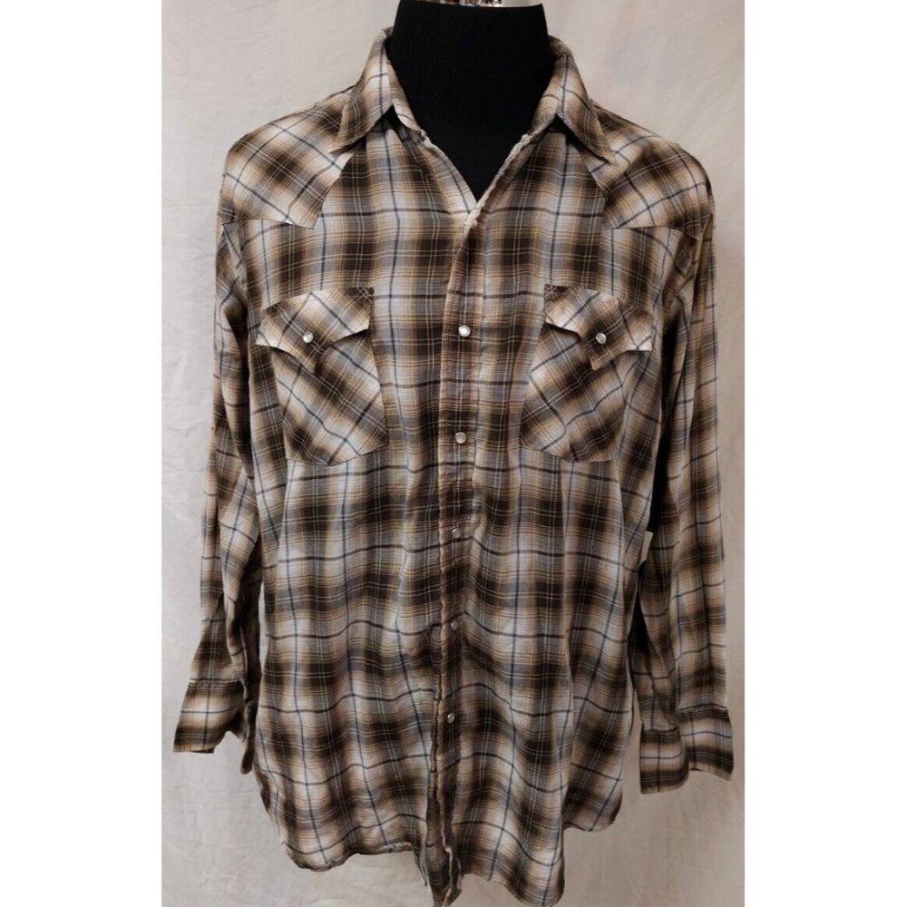 Plains Western Wear Mens XL Brown Plaid Pearl Snap Long Sleeve Cowboy Shirt